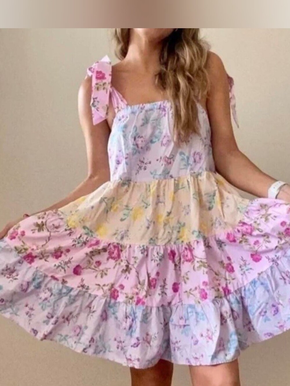 LOVESHACKFANCY, Women's Pastel Floral Tiered Babydoll Dress with Tie Straps Sz M
